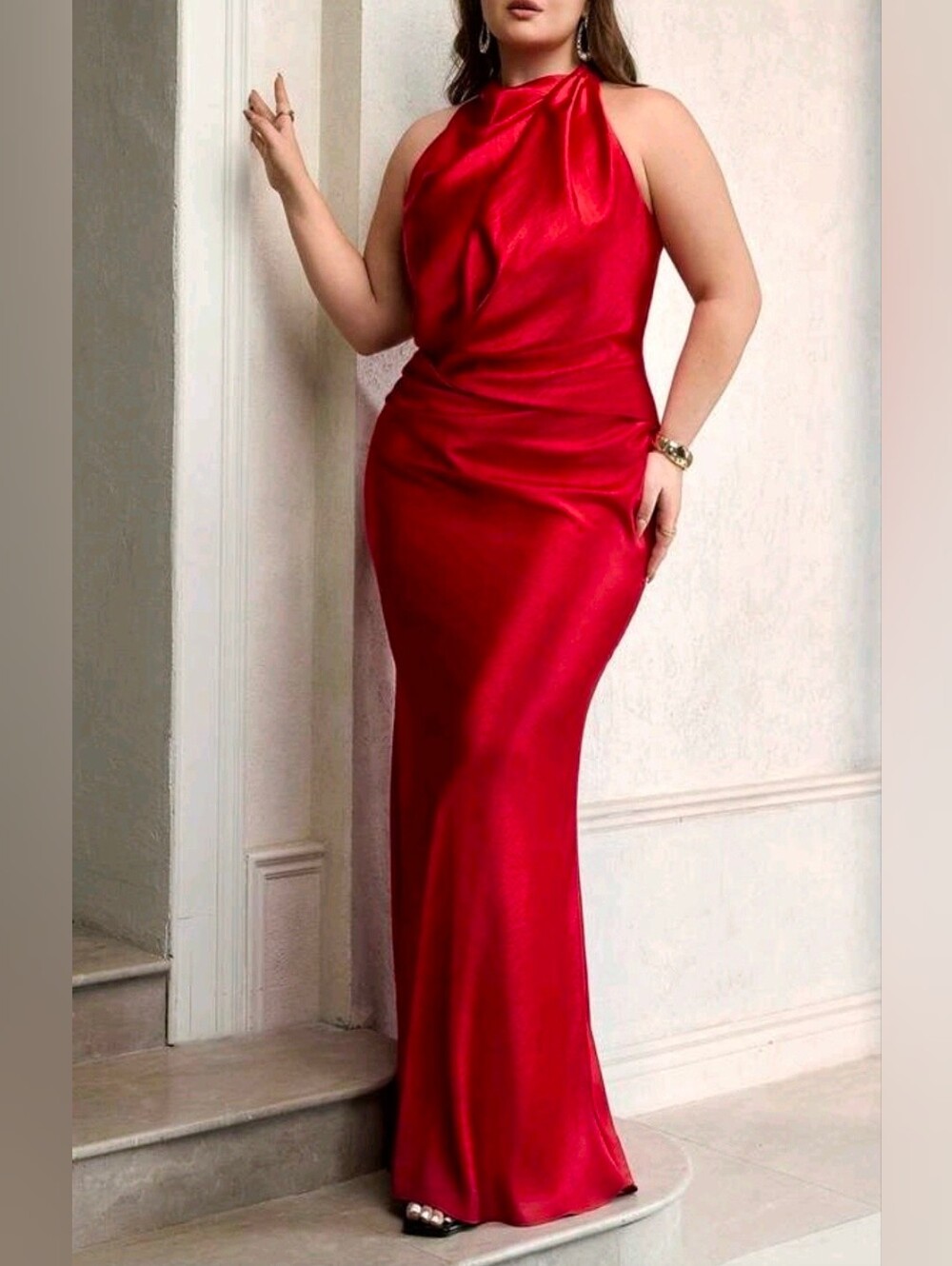 New Luxe Crushed Satin Bias Draped Maxi Dress PLUS Red
